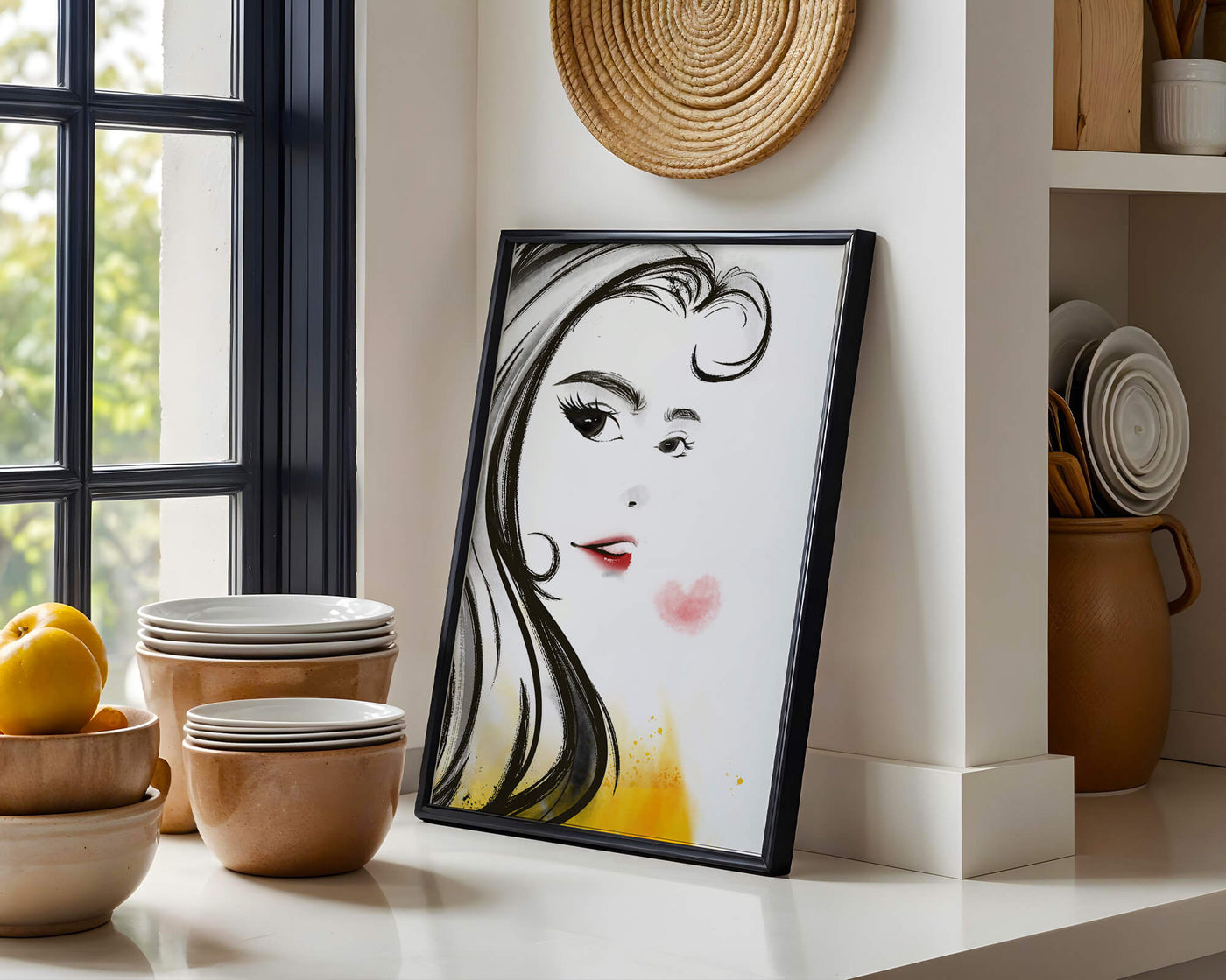 Elegant portrait sketch with red lips and a heart motif