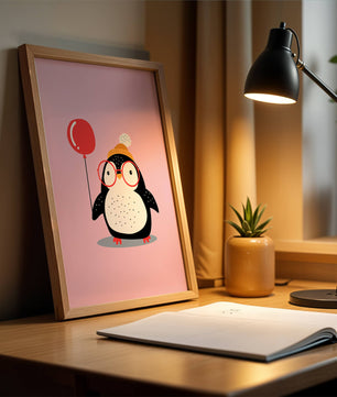 Ilustración adorable de un pingüino con globo y gafas