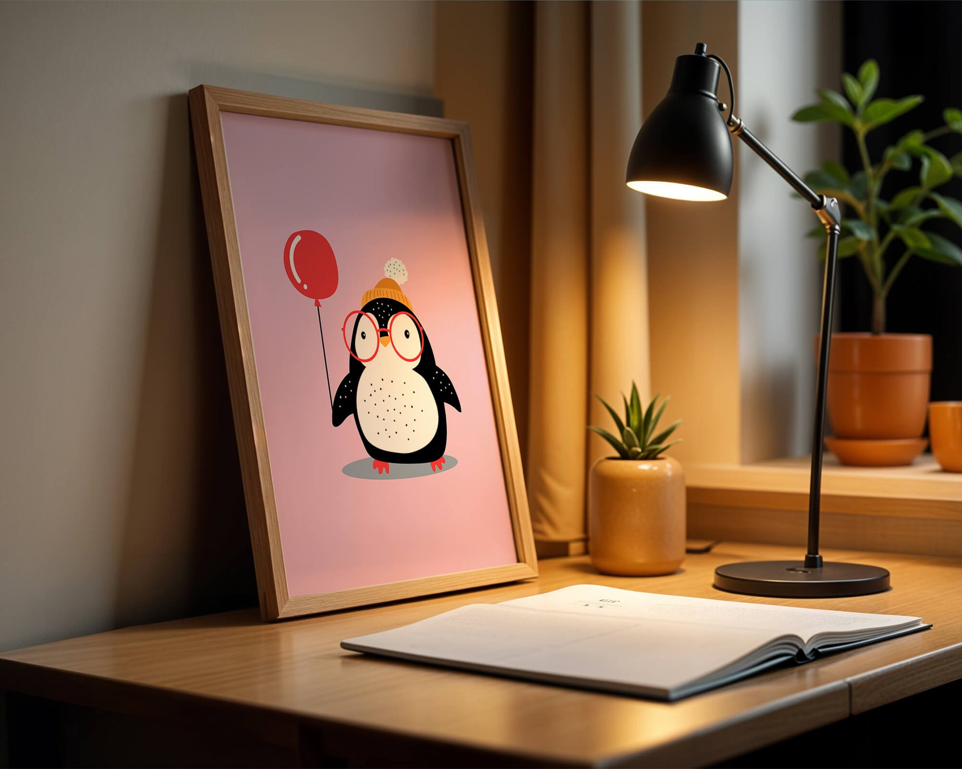 Adorable penguin with balloon and glasses illustration