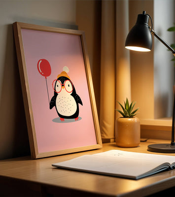Adorable penguin with balloon and glasses illustration