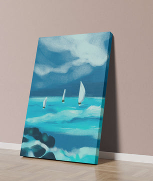 Paisaje marino con veleros navegando olas azules bajo un cielo dramático