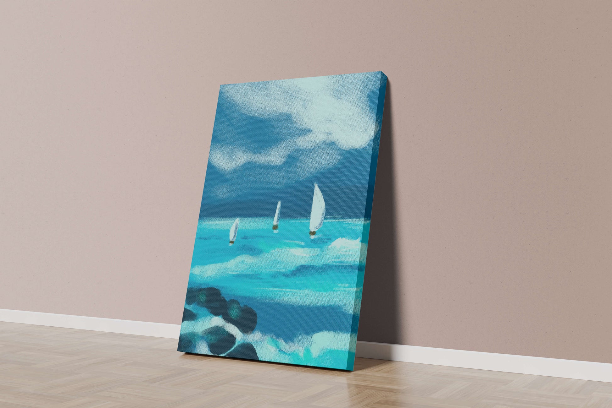 Seascape with sailboats navigating blue waves under a dramatic sky