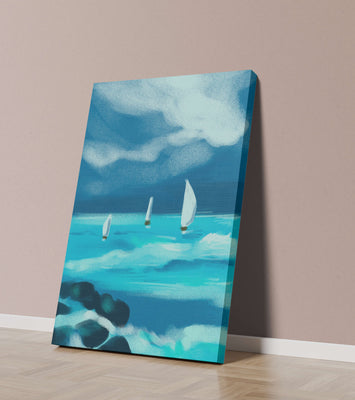 Seascape with sailboats navigating blue waves under a dramatic sky