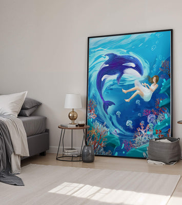 Underwater fantasy scene with a playful whale and a girl floating amidst coral and jellyfish