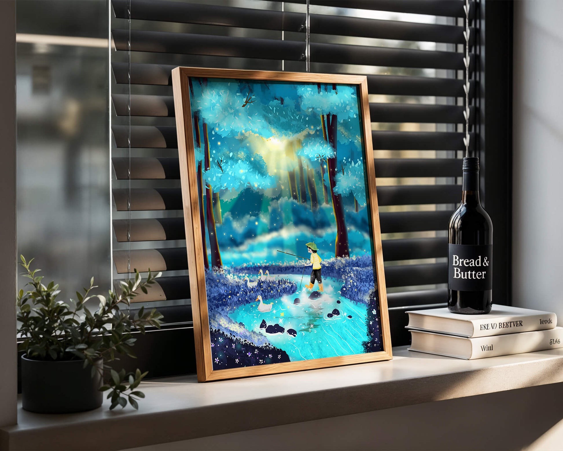 Colorful forest scene with a child and ducks by a stream
