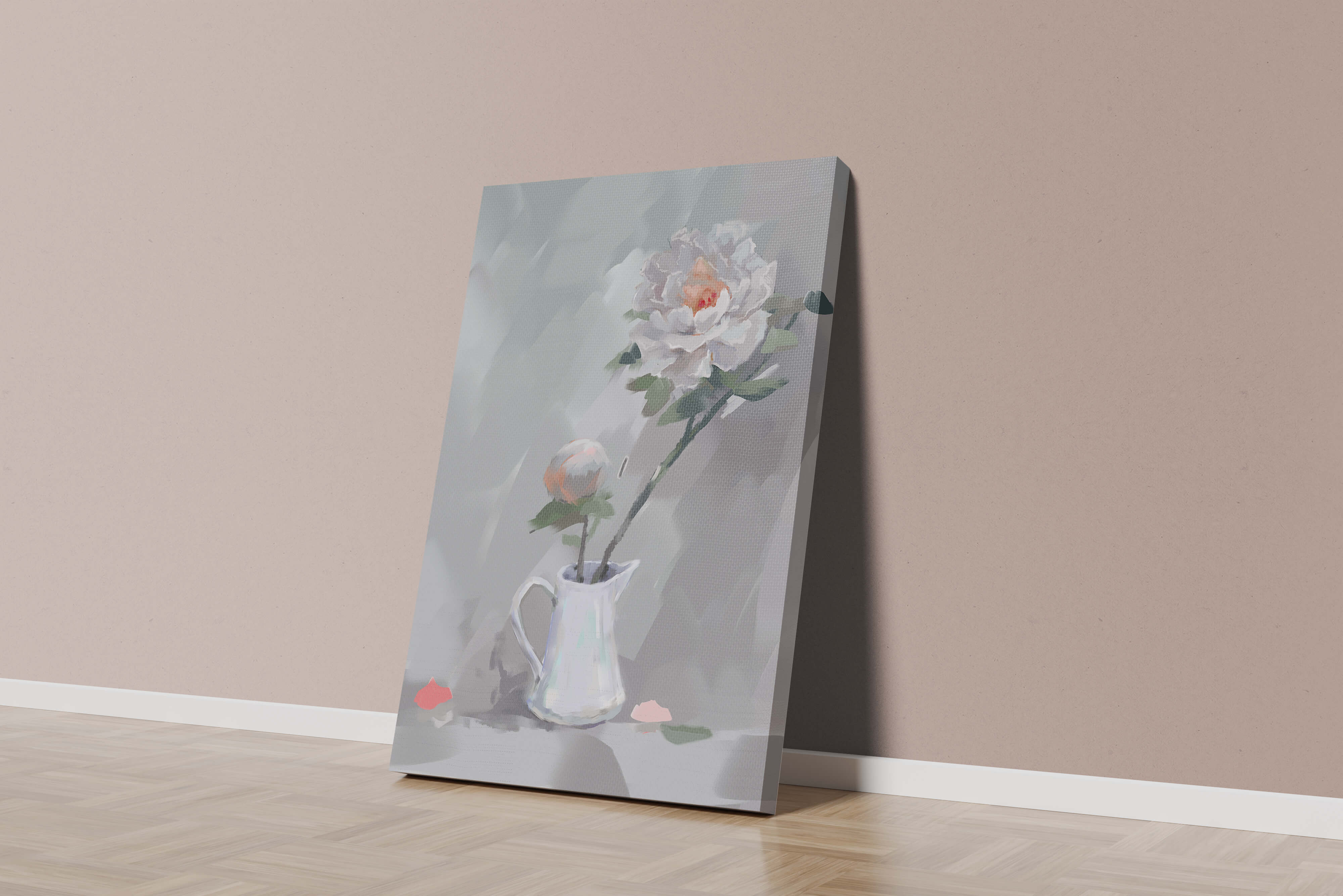 Elegant white peonies in a ceramic jug with soft pastel background