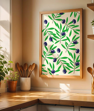 Olive branch pattern with green leaves and blue olives