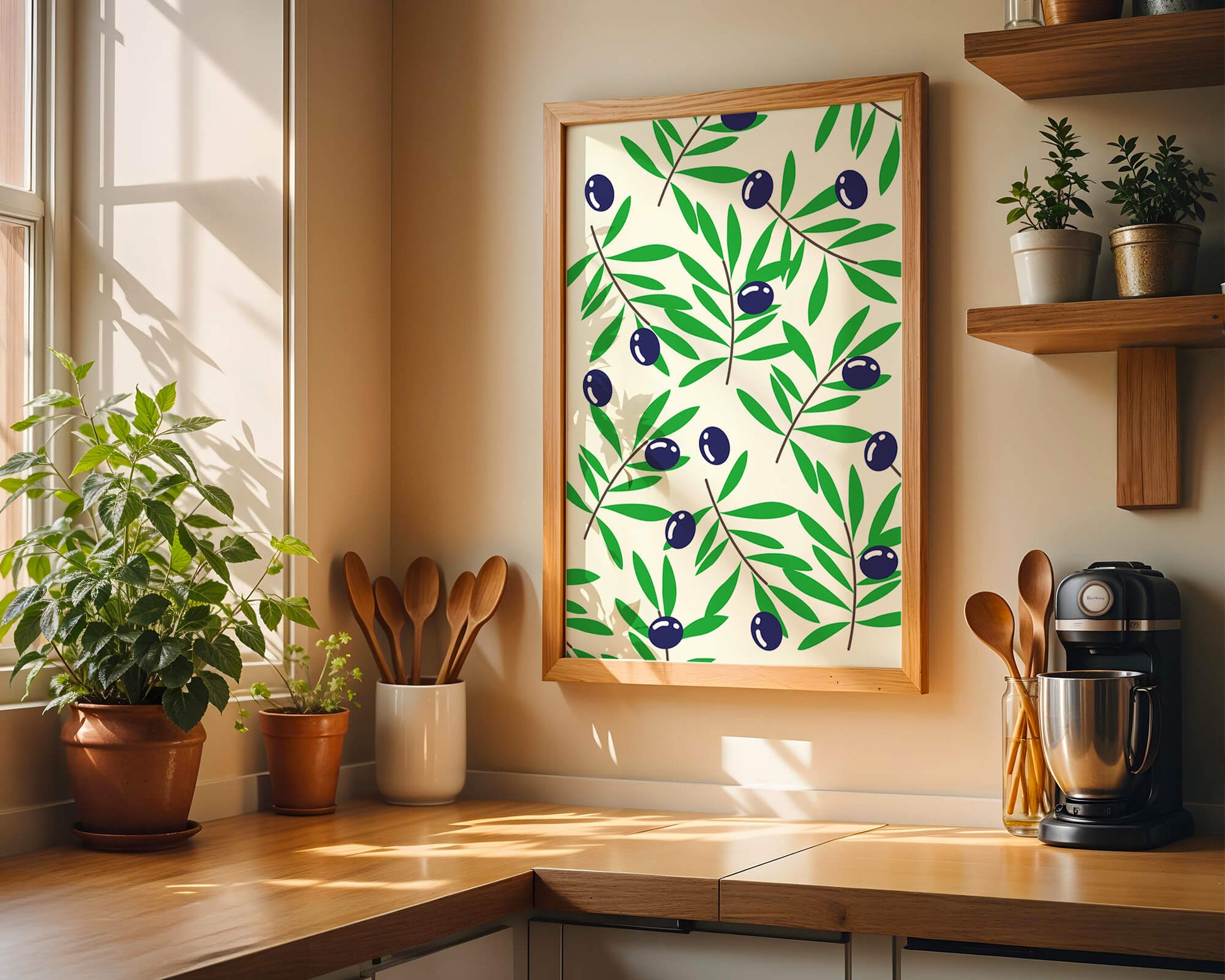 Olive branch pattern with green leaves and blue olives