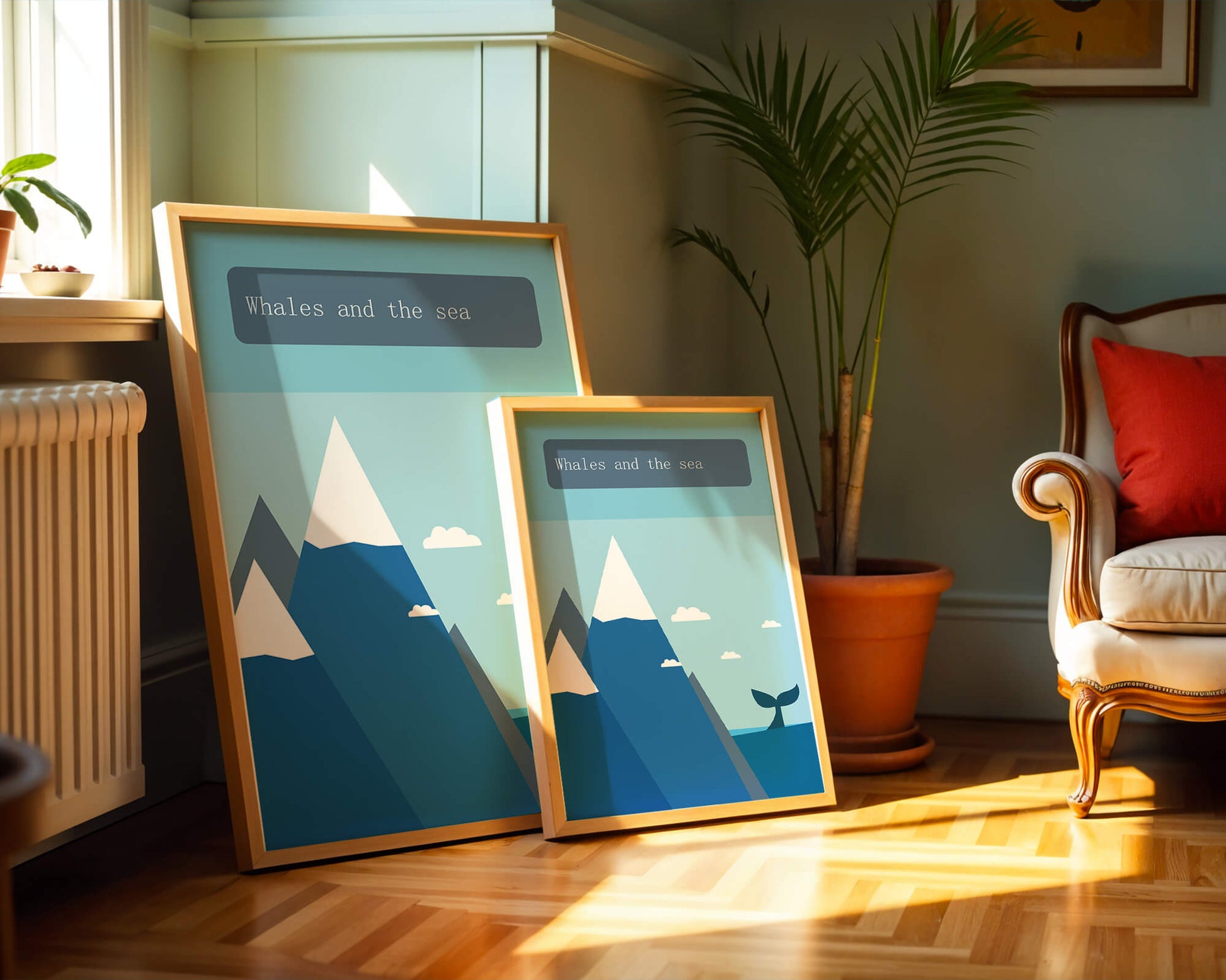 Whale and mountain illustration with sea and sky background