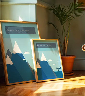 Whale and mountain illustration with sea and sky background