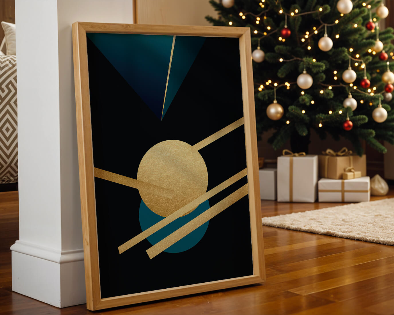 Abstract Geometric Composition with Gold and Blue Elements