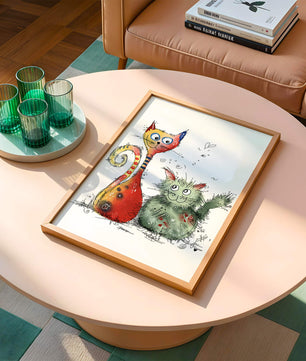 Ilustración artística colorida de dos gatos juguetones sobre fondo blanco