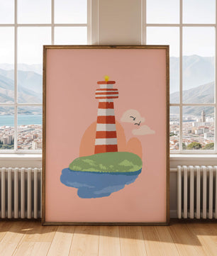Ilustración encantadora de un faro con un entorno costero tranquilo