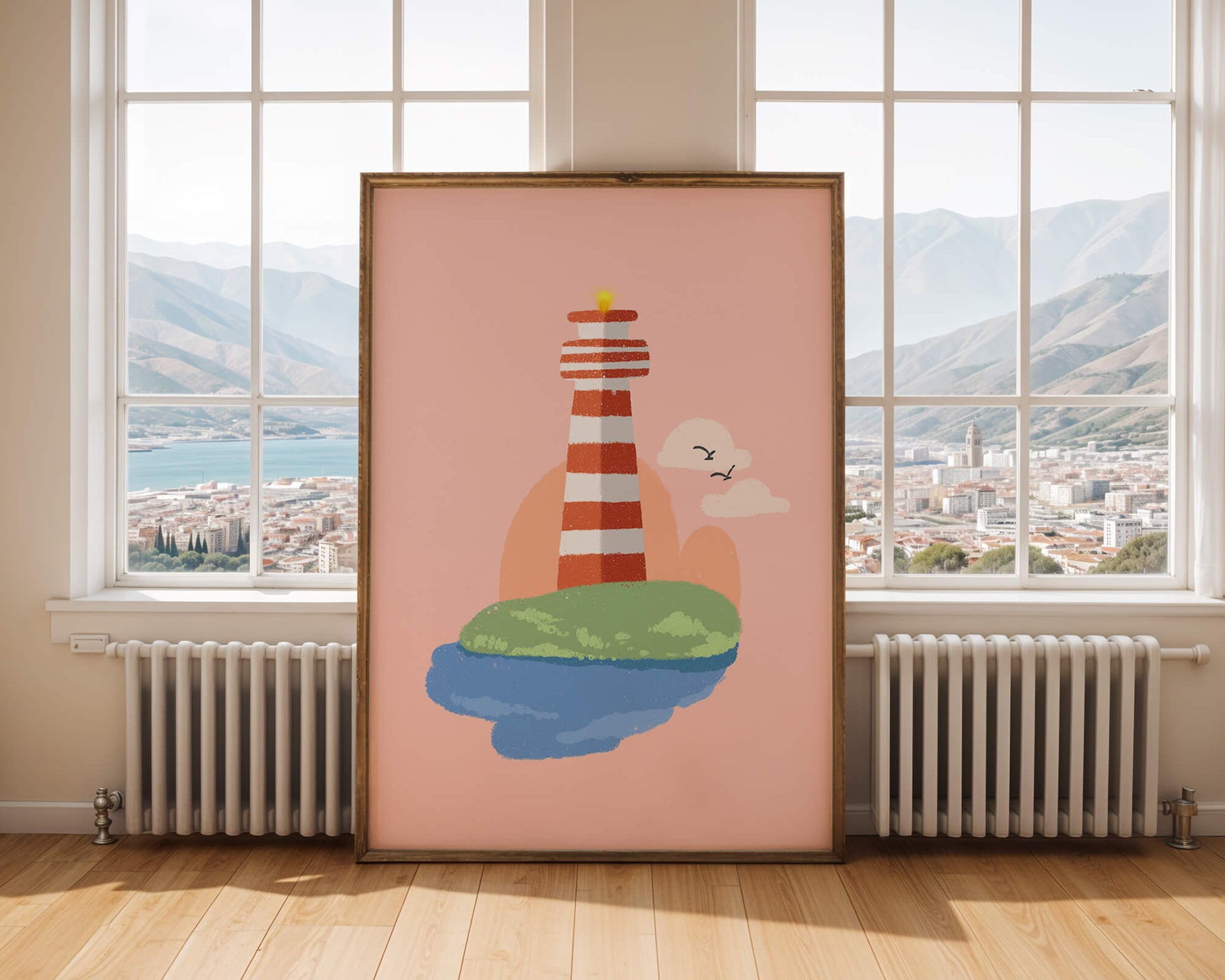 Ilustración encantadora de un faro con un entorno costero tranquilo