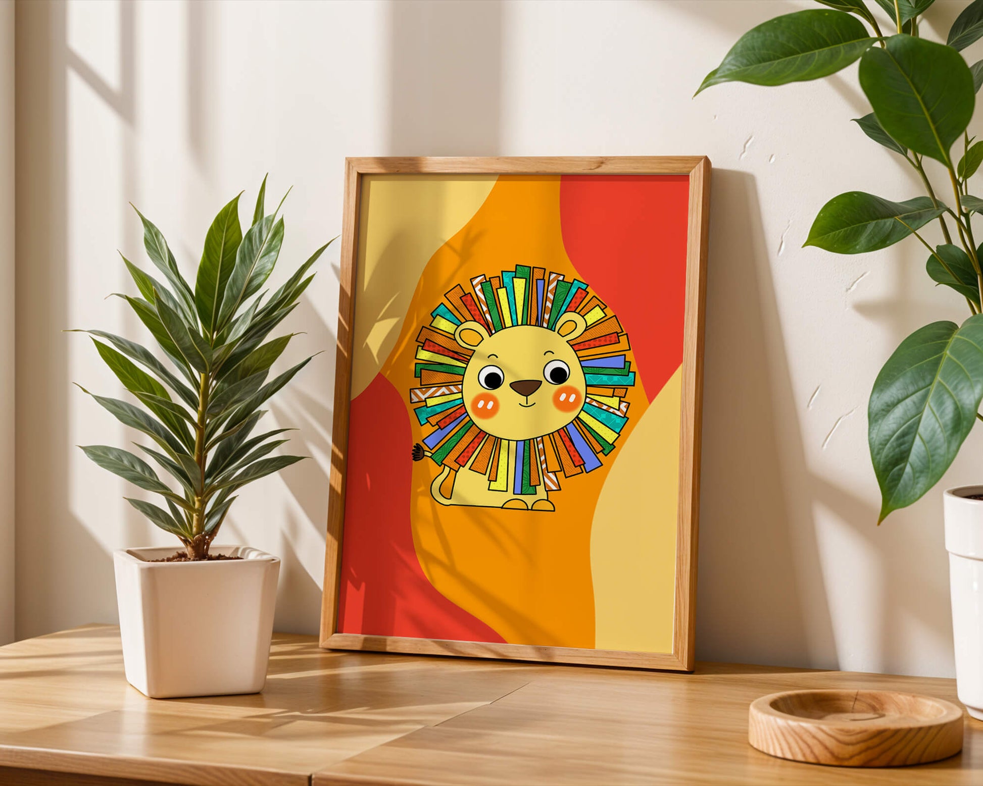Colorful cartoon lion illustration with vibrant mane on abstract background
