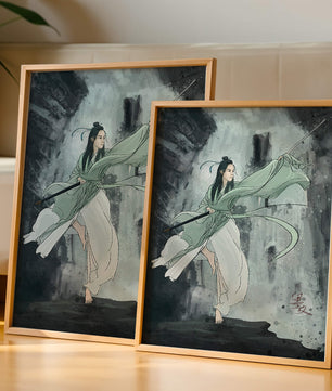 Dynamic illustration of a warrior in flowing robes with a spear