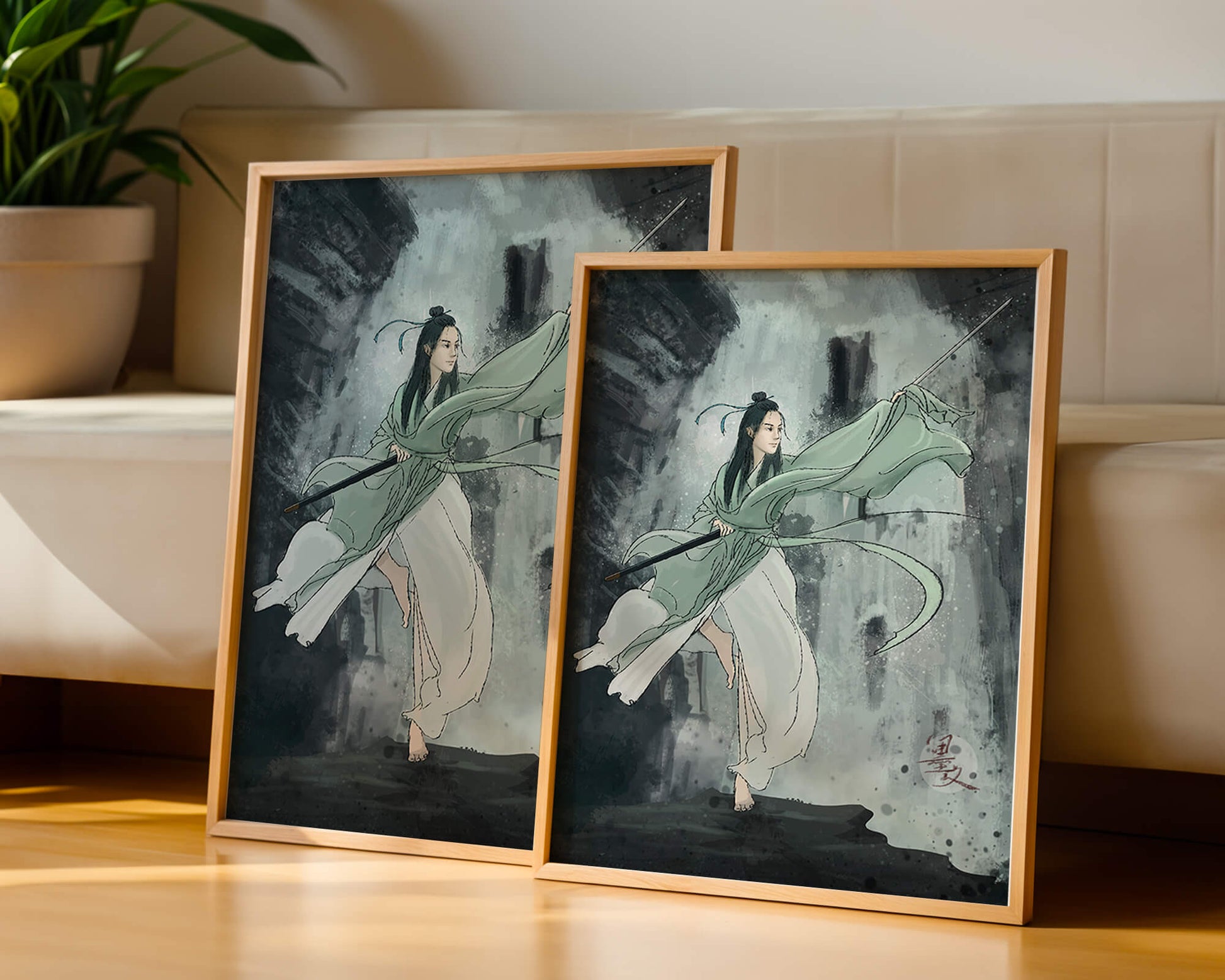 Dynamic illustration of a warrior in flowing robes with a spear