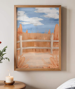 Paisaje otoñal sereno con cerca de madera y cielo azul