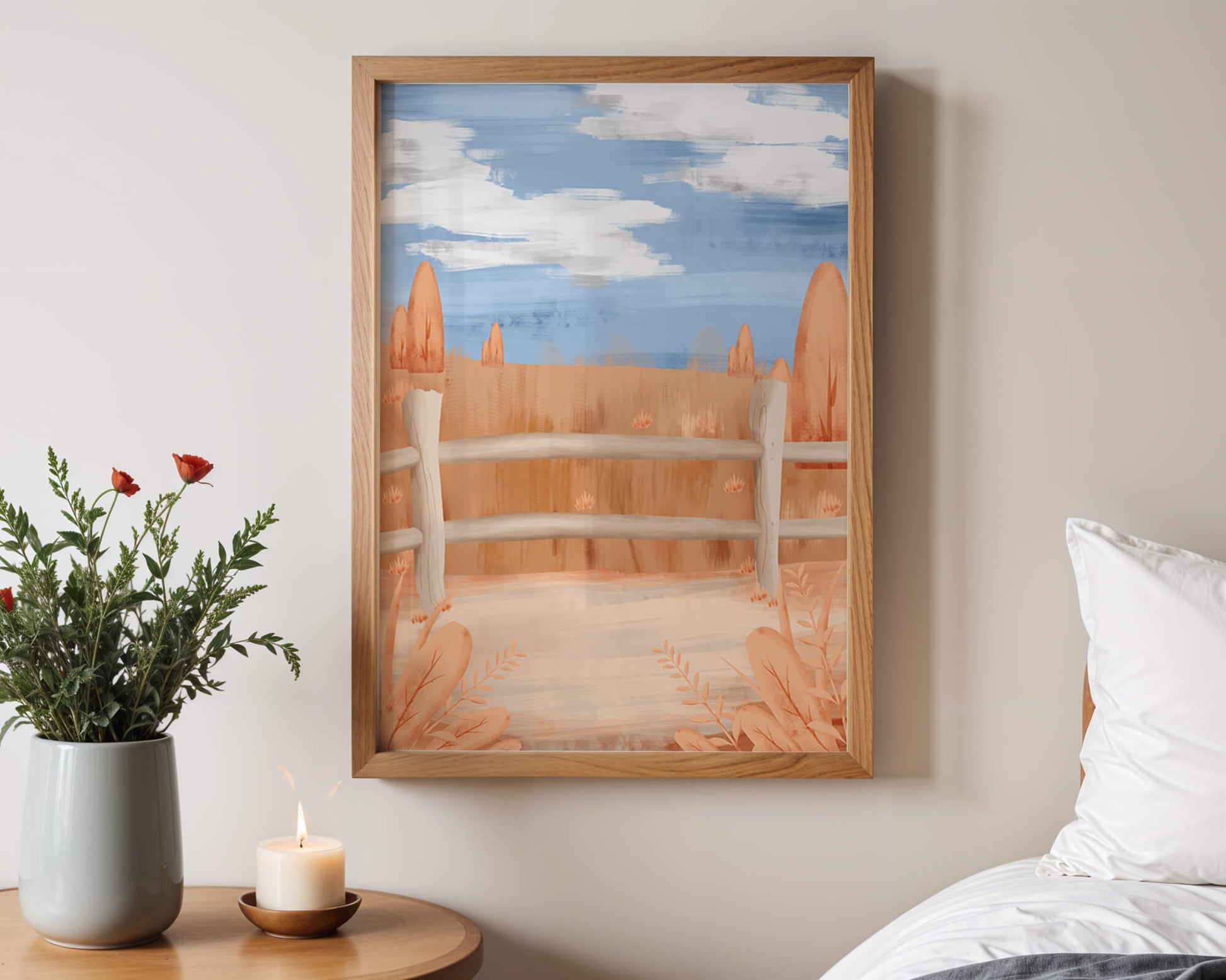 Paisaje otoñal sereno con cerca de madera y cielo azul