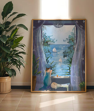 Peaceful Seaside View Through Open Window with Girl and Cat