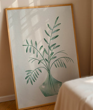 Illustration minimaliste à l’aquarelle de feuilles vertes dans un vase en verre