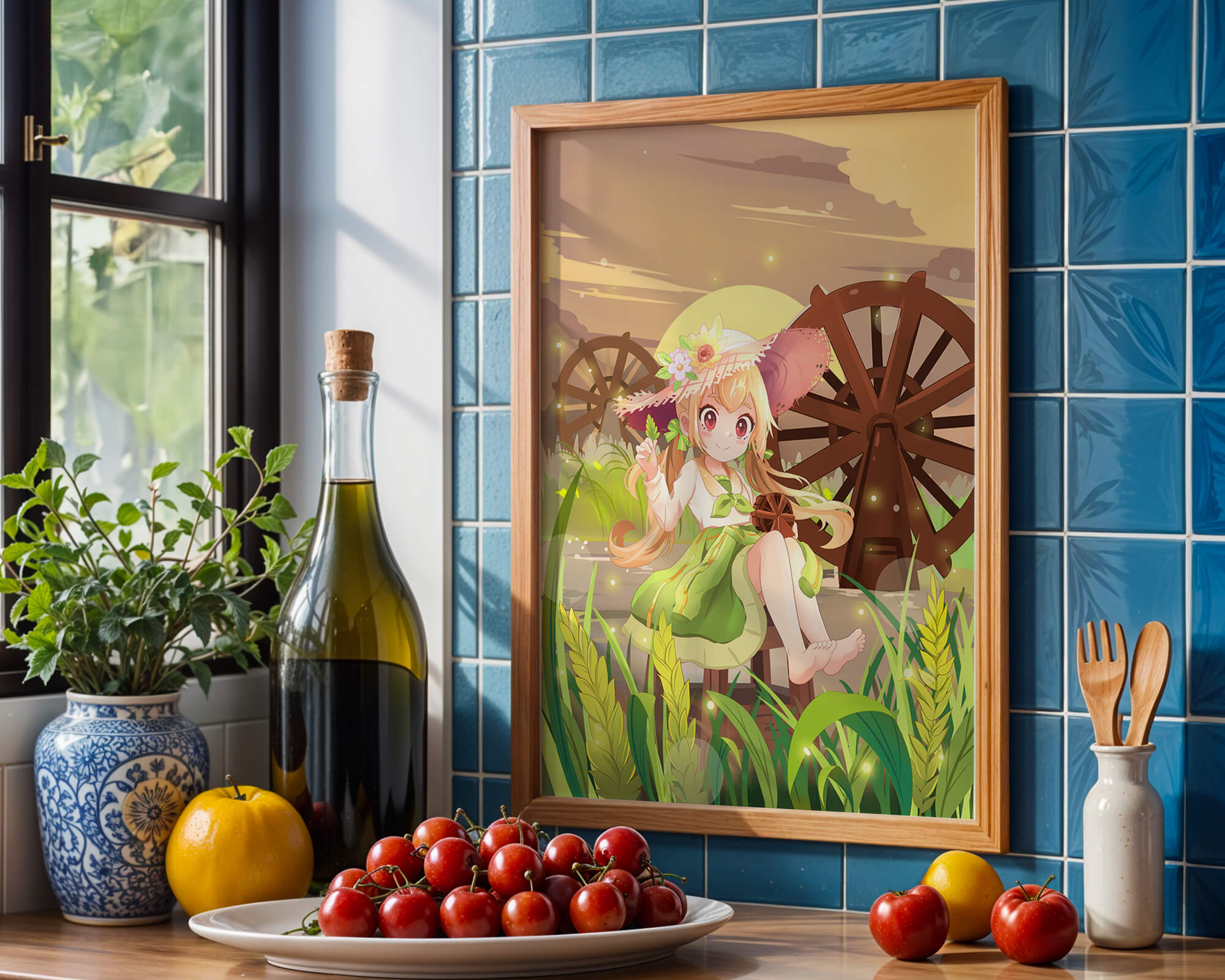 Enchanted countryside scene with a cute character and vibrant nature