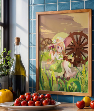 Enchanted countryside scene with a cute character and vibrant nature