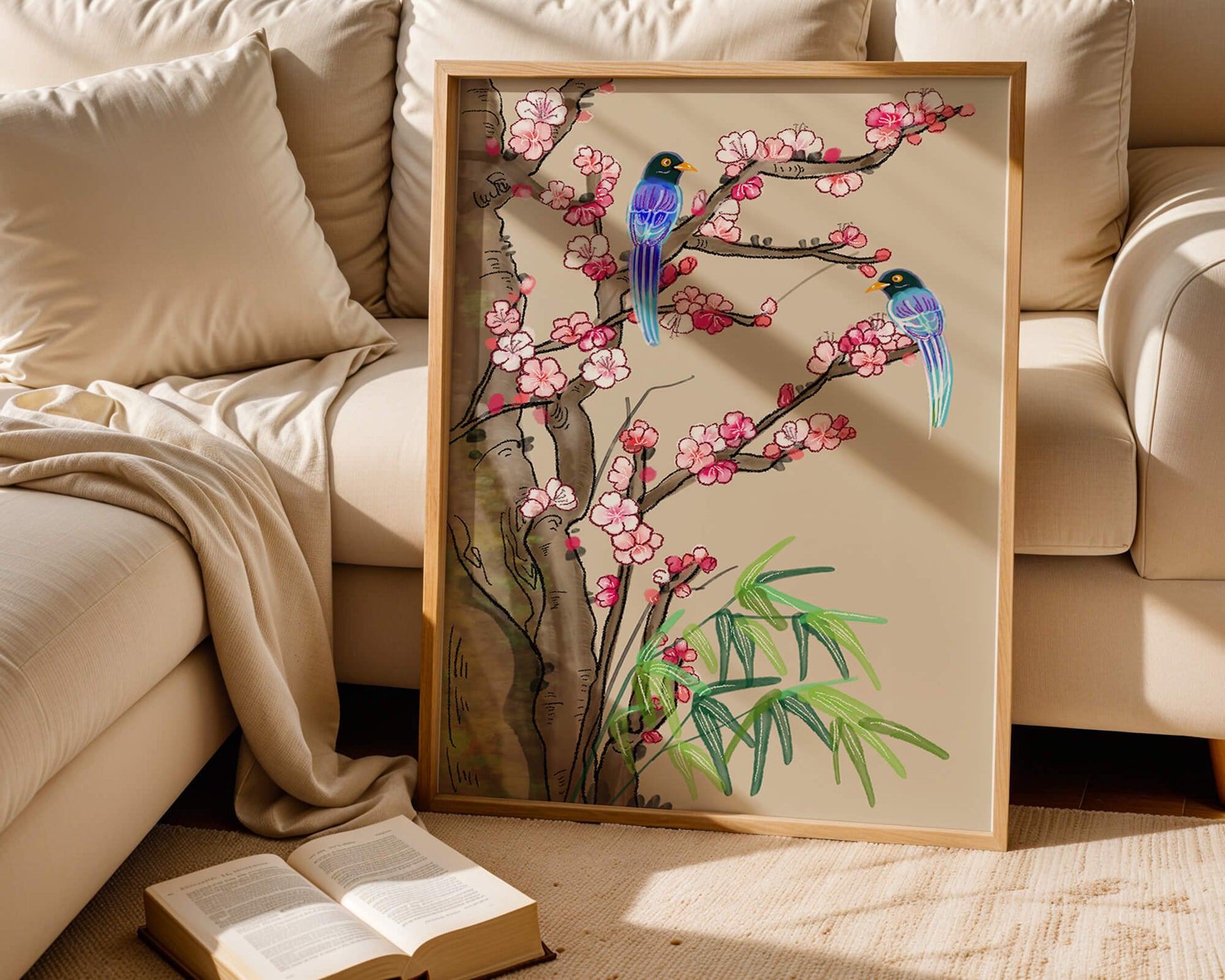 Illustration sereine d’oiseaux sur des branches en fleurs avec des feuilles de bambou
