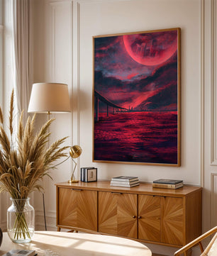 Surreal Scarlet Landscape with Bridge and Celestial Body