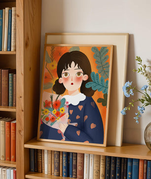 Ilustración encantadora de una chica con flores y corazones