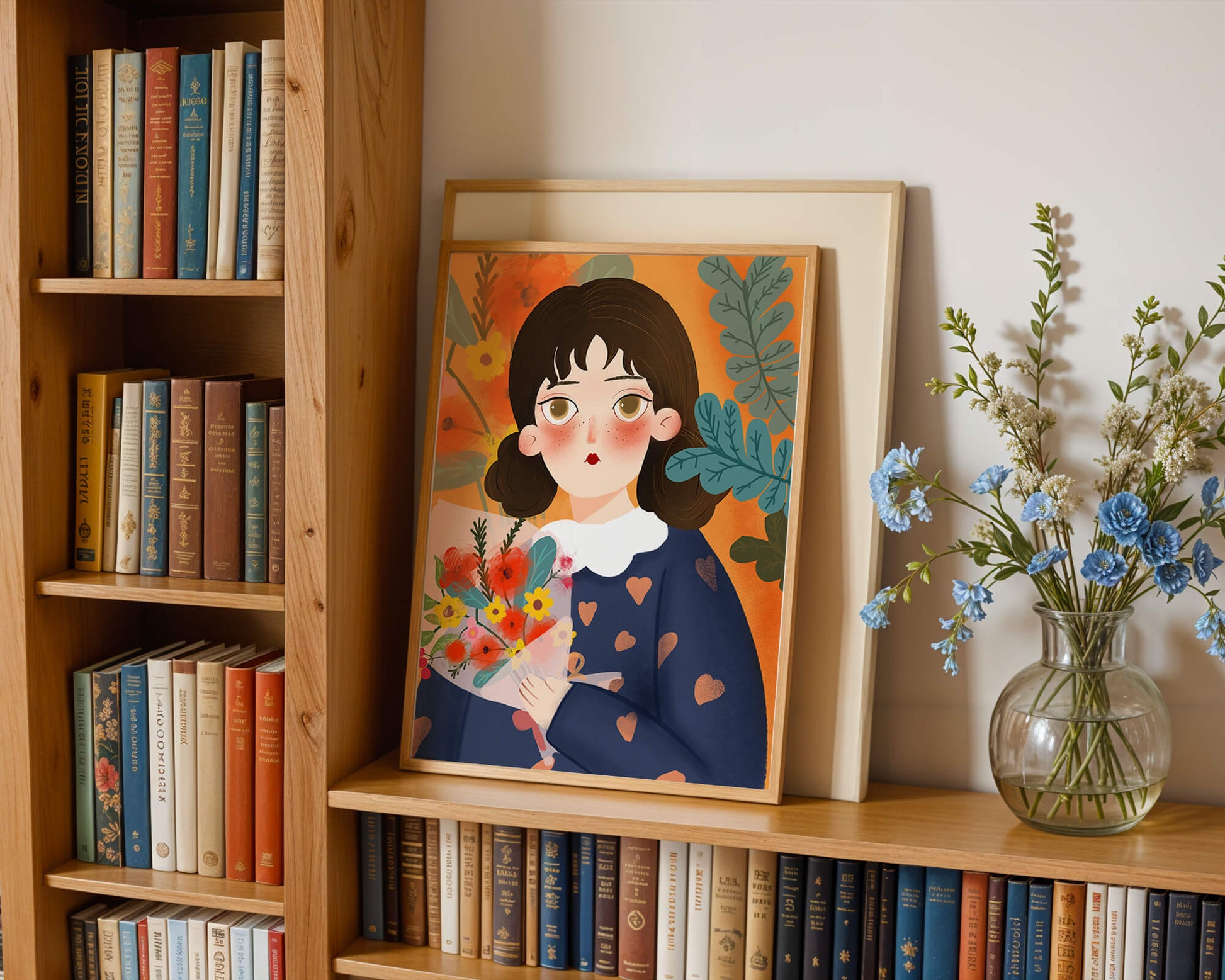 Ilustración encantadora de una chica con flores y corazones