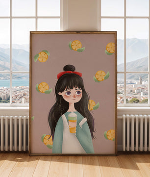 Illustration of a girl with a beverage surrounded by citrus slices