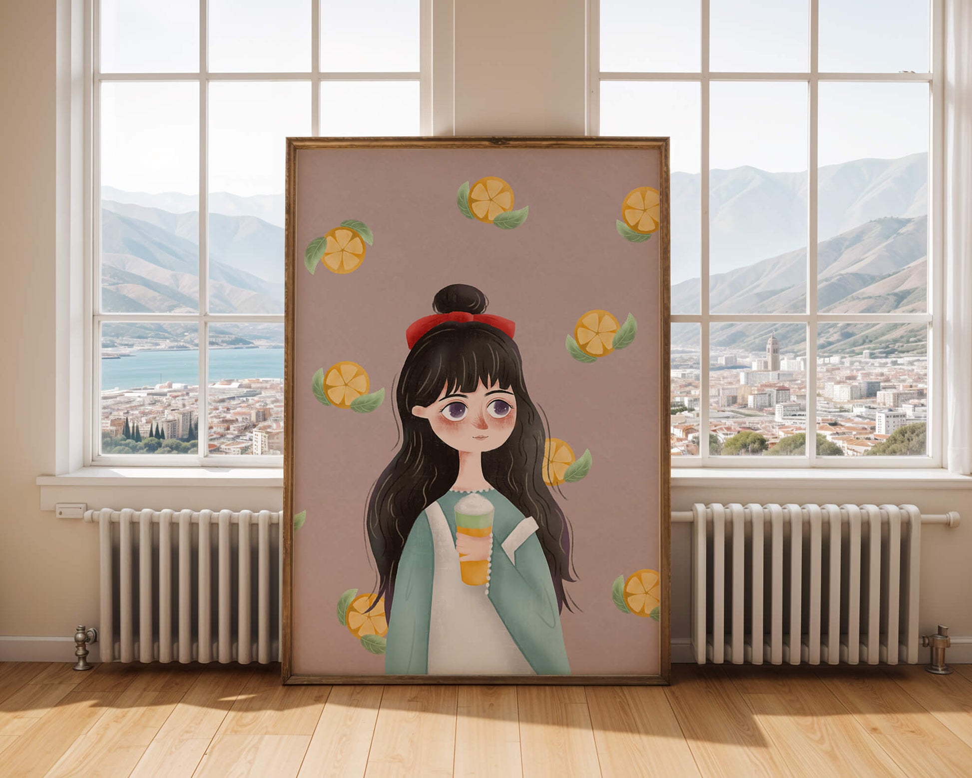 Illustration of a girl with a beverage surrounded by citrus slices