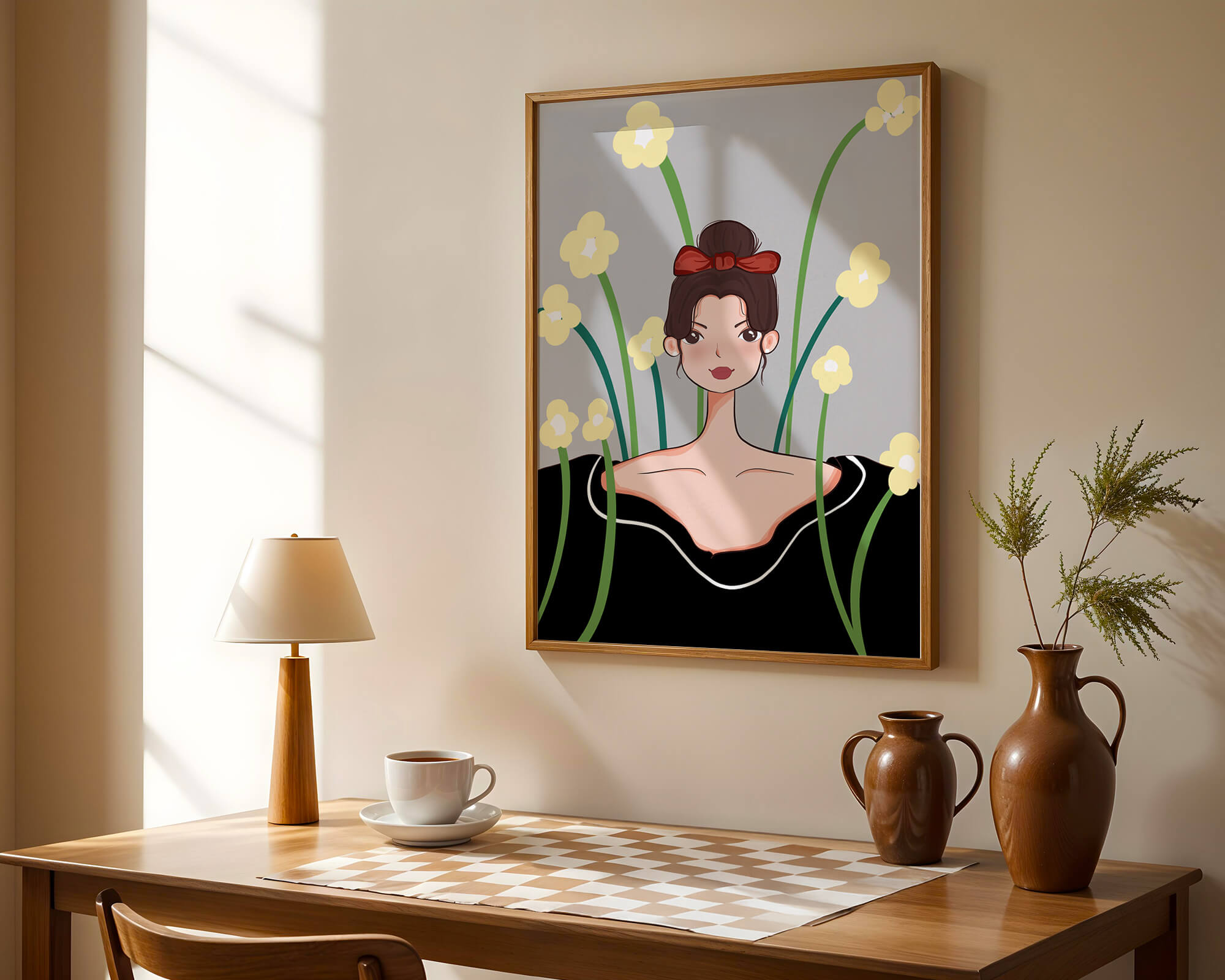 Illustration of a woman with floral background and red bow