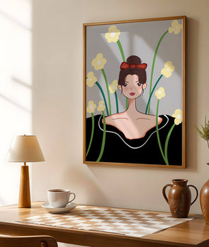 Ilustración de una mujer con fondo floral y lazo rojo