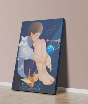 Ilustración de una figura contemplativa con grulla de origami y elementos cósmicos