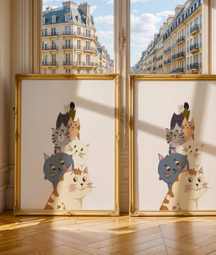 Stack of adorable cartoon cats with diverse patterns and colors