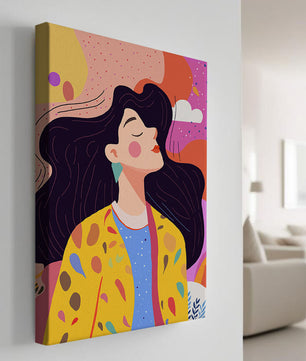 Ilustración colorida de una mujer en estilo artístico con fondo vibrante