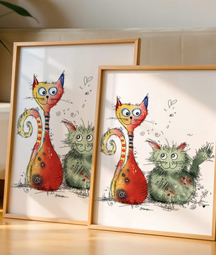Ilustración artística colorida de dos gatos juguetones sobre fondo blanco