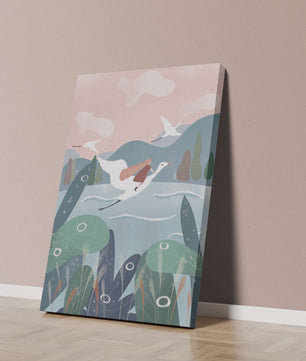 Whimsical landscape with flying birds and pink sky