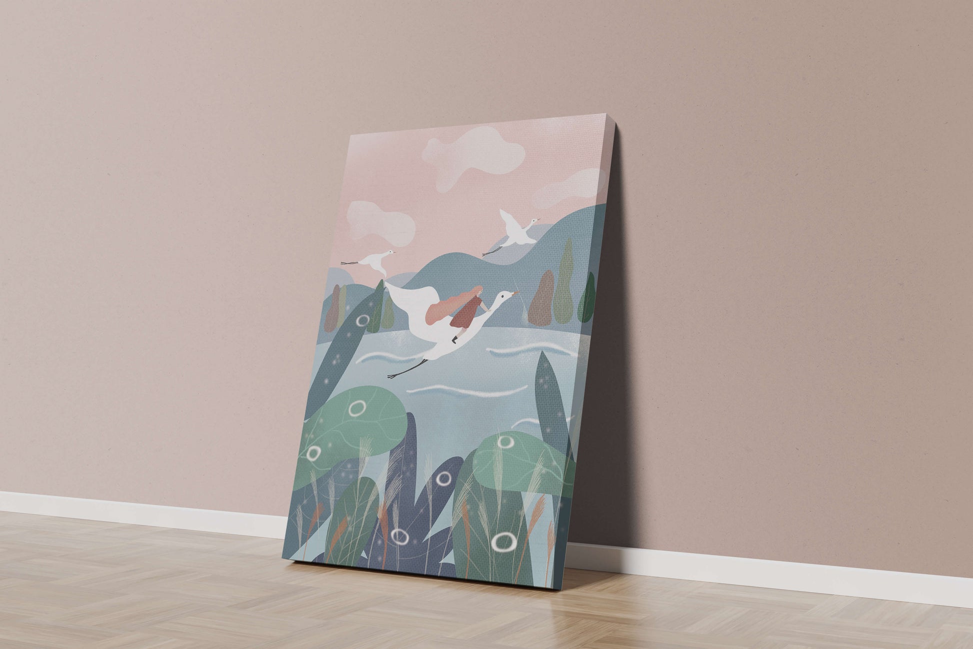 Whimsical landscape with flying birds and pink sky