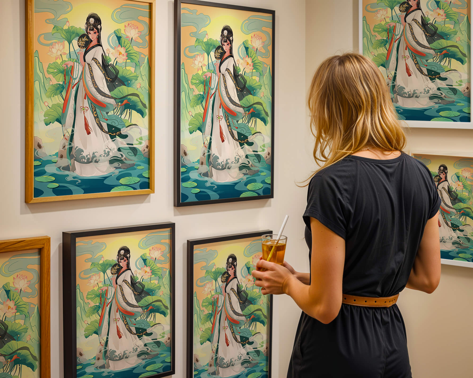 Elegant woman in traditional attire with lotus flowers and serene backdrop