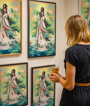 Femme élégante en tenue traditionnelle avec des fleurs de lotus et un décor serein
