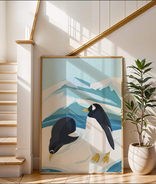 Gentoo penguins in an Antarctic landscape illustration