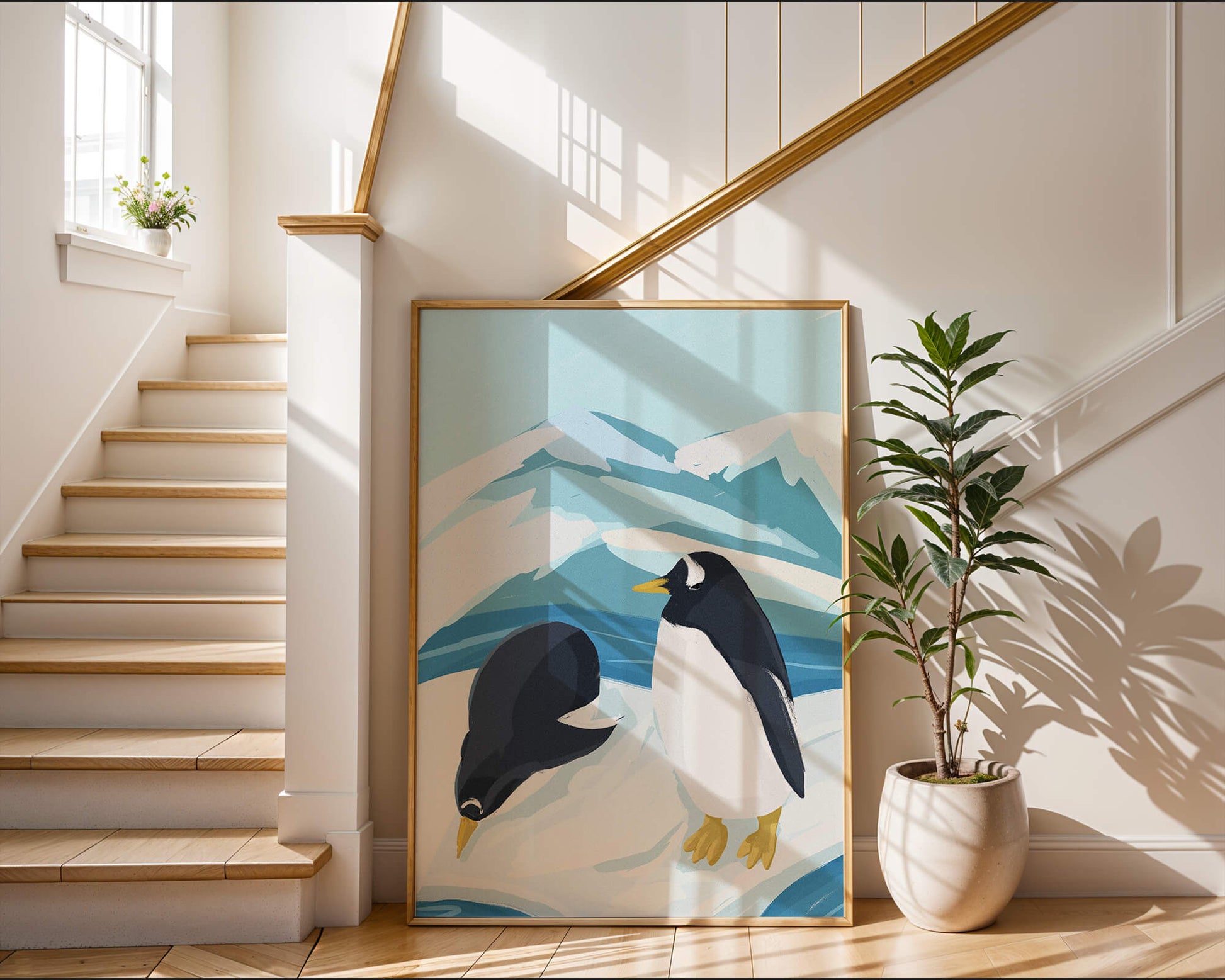 Gentoo penguins in an Antarctic landscape illustration