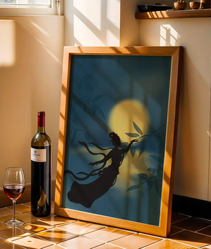 Silhouette of a Woman Reaching for Leaves in Front of a Full Moon