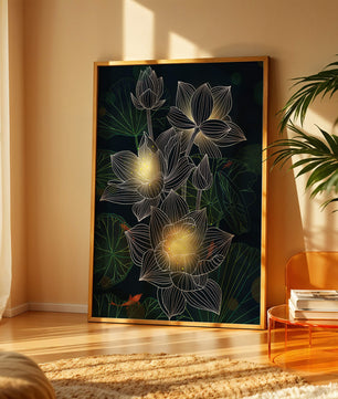 Beautiful lotus flowers with glow effect and koi fish - Mi tienda