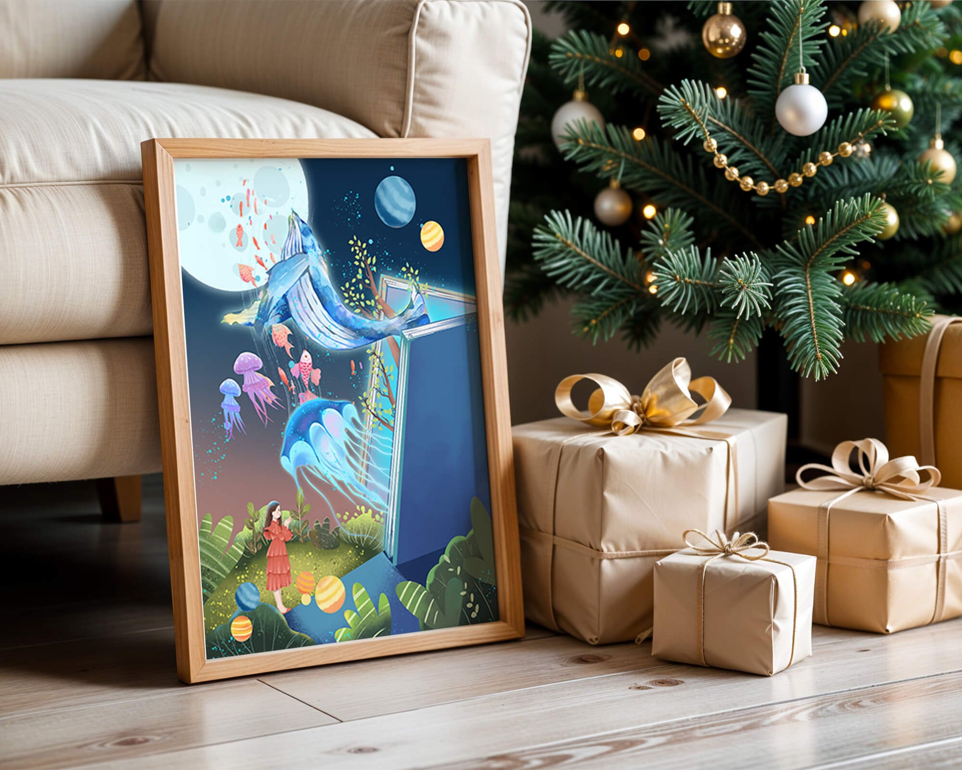 Surreal Ocean Life Emerging From a Book in a Dreamlike Forest Scene