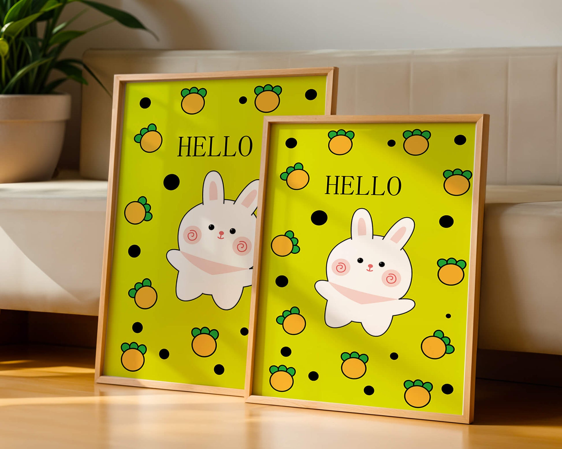 Charming rabbit cartoon illustration on yellow background with orange elements