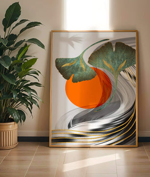 Hojas de Ginkgo abstractas con círculo naranja y ondas plateadas